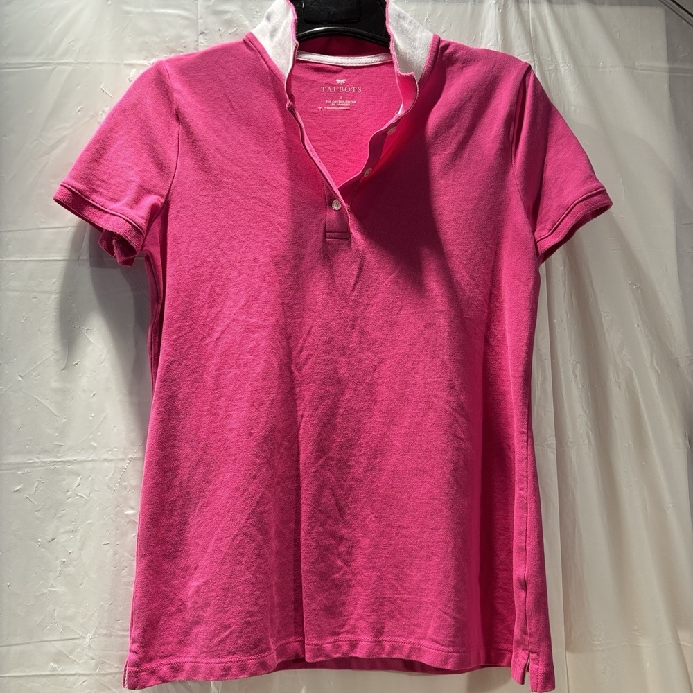 Talbots Womens Small Pink Cotton Classic Short Sleeve Collared Polo 3 Button V‎